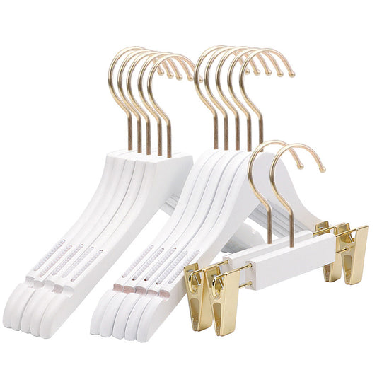 Set of 12 White Wooden Hangers with Gold Metal Hook and Clips