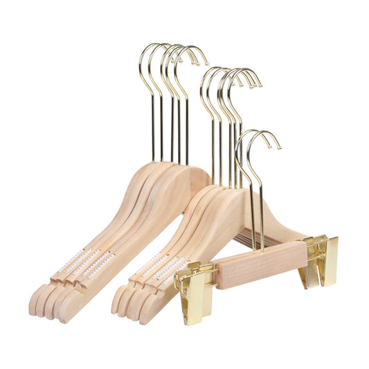 Set of 12 Natural Wooden Hangers with Gold Metal Hook and Clips