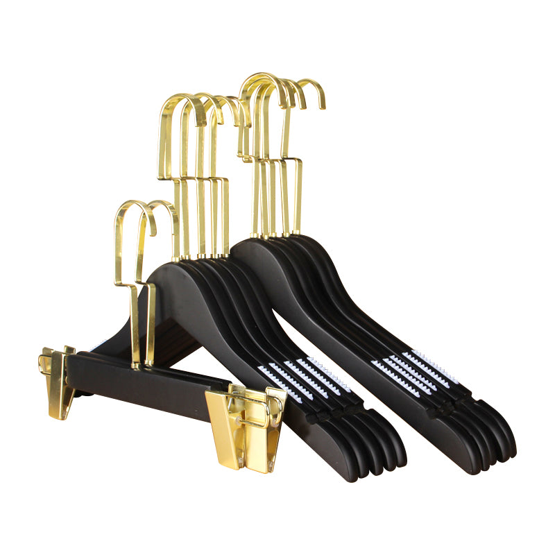 Set of 12 Black Wooden Hangers with Gold Metal Hook and Clips